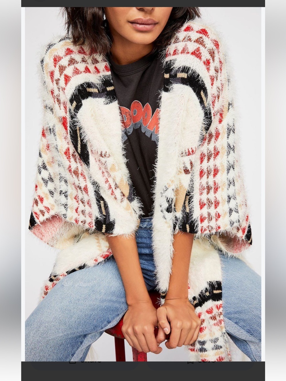 Free People Canyonland Aztec Bohemian Kimono Sweater in Cream, Red & Black